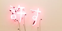 A pink color neon sign that can be read Permitting in Japanese.