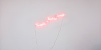 A small pink neon tube which can be read Towards a Beautiful Country is installing on the white wall.